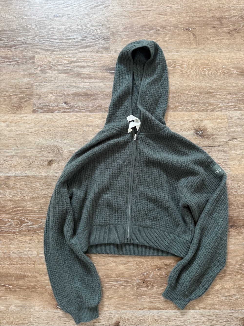 ALO Yoga Cropped Waffle Knit Zip Hoodie - Olive